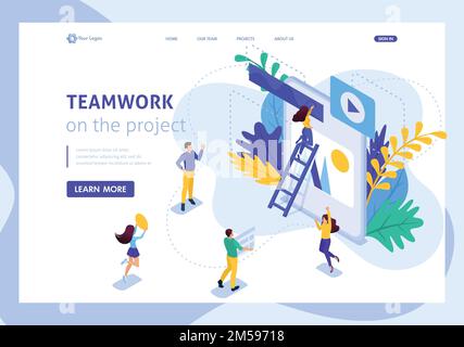 Processus de travail de concept isométrique et travail d'équipe d'une grande équipe sur un projet. Page d'accueil du modèle de site Web. Illustration de Vecteur