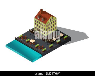 Badge isométrique, 3D maison au bord de la mer, restaurant, Danemark, Copenhague, Paris, centre-ville historique, ancien bâtiment de l'hôtel pour les illustrations vectorielles. Illustration de Vecteur