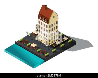 Icône isométrique, 3D ancienne maison au bord de la mer, hôtel, Danemark, Copenhague, Paris, centre-ville historique, ancien bâtiment pour les illustrations vectorielles. Illustration de Vecteur