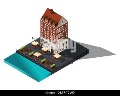 Icône isométrique, 3D vieille maison au bord de la mer, hôtel, restaurant, Danemark, Copenhague, Paris, centre-ville historique, vieux bâtiment pour les illustrations vectorielles. Illustration de Vecteur