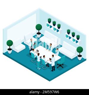 Personnes isométriques à la mode, vue arrière d'une chambre d'hôpital, cabinet du médecin, personnel, personnel de l'hôpital, chirurgiens et médecins, les konsililium sont isolés sur une lumière b Illustration de Vecteur