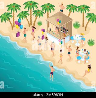 Danse d'isométrie sur la plage, fête, fête d'anniversaire, Ibiza, la mer. plage, beau temps, repos, divertissement, un bar avec boissons. Illustration de Vecteur