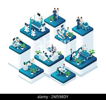 Médina isométrique concept de l'hôpital de maternité, planification familiale à l'hôpital, femmes enceintes, nouveau-né. Conception de la naissance des enfants en t Illustration de Vecteur