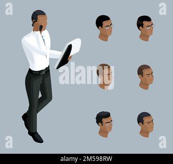 L'isométrie qualitative, un homme d'affaires de 3D parle au téléphone, un homme est afro-américain. Caractère, avec un ensemble d'émotions et de coiffures pour créer moi Illustration de Vecteur