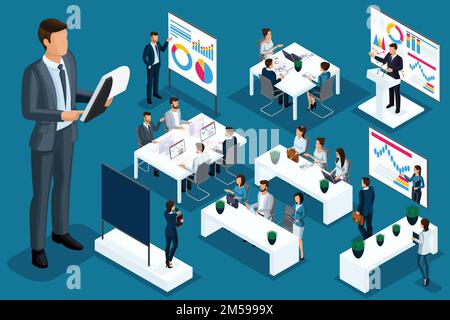 Cartoon isométrique personnes, 3D hommes d'affaires et femmes d'affaires différentes situations, grand homme et mini-coaching concept pour les illustrations vectorielles. Illustration de Vecteur