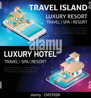 Isometry concept lumineux de la publicité de luxe Resort, Voyage, hôtel de luxe sur les îles Maldive au milieu de l'océan. Illustration de Vecteur