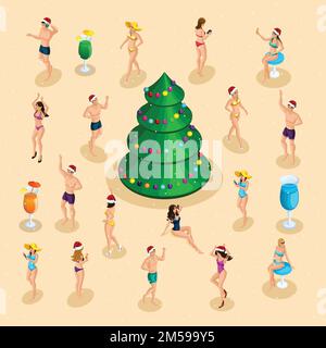 Célébration isométrique, les hommes et les femmes en maillots de bain ont du plaisir à la fête de Noël sur le sable de la mer sur la plage, danses, Ibiza, amusement. Illustration de Vecteur