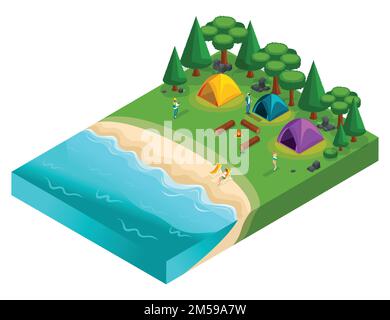 Isometrics de camping, récréation de jeunes de la génération Z sur la nature, forêt, mer, plage, rive du lac, rive de rivière, site de camp. En bonne santé Illustration de Vecteur