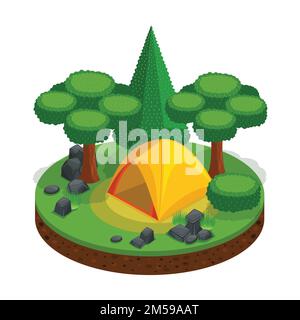 Camping isométrique, loisirs de plein air, tente, paysage pour jeux vidéo, beau design. Pierres de forêt liberté de la nature. Illustration de Vecteur