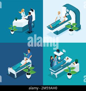 Isometric concept Hospital, Medical MRI Scan, salle d'opération avec médecins, processus de fluorographie, bureau de chirurgien, clinique privée de diagnostic. Illustration de Vecteur