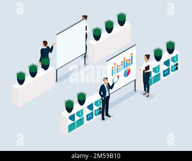 Tendance objets isométriques 3D personnes businessmanon le fond de tableau, les coachers, formation, les employés de bureau vue avant vue arrière isolé sur un dos lumineux Illustration de Vecteur