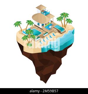 L'isometry est un luxe de vacances sur une île fabuleuse, un beau bungalow moderne pour la réception des clients. Vacances d'été sur les Maldives. Illustration de Vecteur