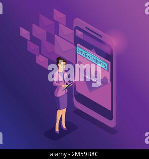 Isométrique affaires femmes look Email boîte de réception électronique un smartphone. Permet de parcourir le courrier, les analyses d'études, les rapports et les statistiques communication. E-mail marke Illustration de Vecteur
