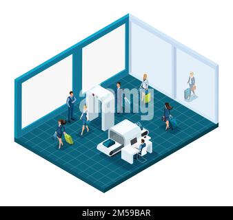 Passagers isométriques de l'aéroport avec bagages, inspection des choses à l'entrée du bâtiment, les employés de l'aéroport travaillent. Illustration vectorielle Illustration de Vecteur