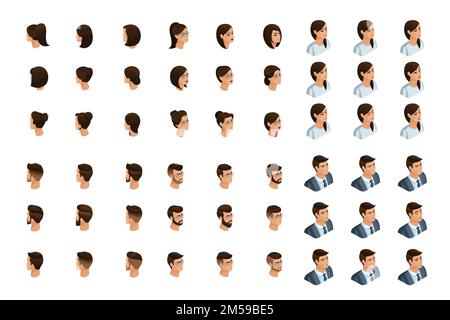 L'isométrie qualitative est une étude détaillée d'un ensemble de coiffures et d'émotions pour les caractères en isométrique. Émotions des hommes et des femmes. Vue avant et réf Illustration de Vecteur