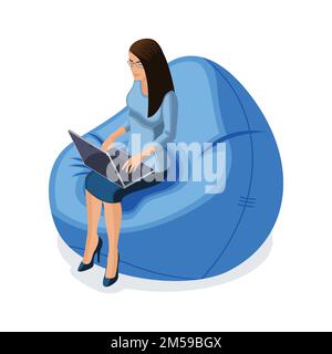 Femme d'affaires isométrique avec gadgets, jeune entrepreneur travaillant derrière un ordinateur portable, assis dans une chaise confortable, illustration vectorielle. Illustration de Vecteur