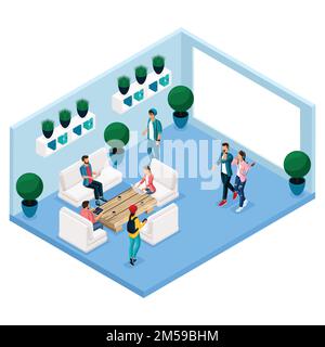 Personnes et gadgets Isométrique tendance, centre de travail en chambre, salle de détente et de discussion, intérieur élégant, brainstorming, réunion, travail libre Illustration de Vecteur