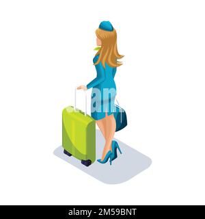 Isométriques fille hôtesse avec des choses et des valises est à l'aéroport, attendant. Vue arrière, patins uniformes. Illustration de Vecteur