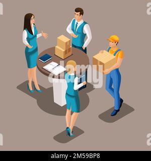 Le service de messagerie isométrique a livré le colis à une femme d'affaires au bureau, le personnel de la banque examine la boîte, illustration vectorielle. Illustration de Vecteur