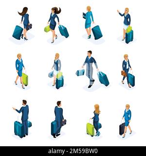 Isométrique grand ensemble d'hommes d'affaires et de femmes d'affaires en voyage d'affaires, avec bagages à l'aéroport, vue de l'avant et vue de l'arrière. Voyages d'affaires. Illustration de Vecteur