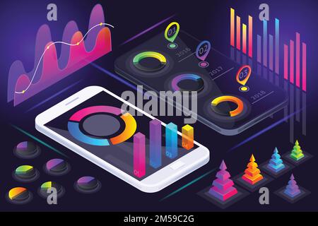 Vue isométrique de l'écran du smartphone, diagrammes holographiques colorés, graphiques, analyses, rapports, profit, leadership sur le marché. Illustration de Vecteur