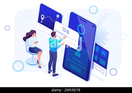 Concept isométrique les jeunes travaillent avec une application de gestion de bracelet de forme physique Concept de barre de coupe. Concept de conception Web. Illustration de Vecteur