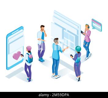 Les adolescents isométriques, les étudiants, regardent le programme en utilisant des gadgets en ligne. Smartphones, technologies modernes. Design moderne et lumineux, personnages de qualité. Illustration de Vecteur