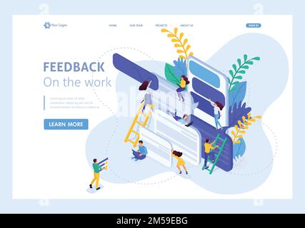 Concept isométrique les utilisateurs d'Internet écrivent des commentaires sur les services. Page d'accueil du modèle de site Web. Illustration de Vecteur