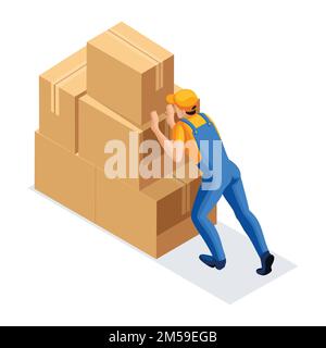 Isométrique homme en uniforme pousse une grande montagne de boîtes en carton, vue arrière. Concept d'entrepôt. 3D caractère de l'émotion. Illustration vectorielle. Illustration de Vecteur
