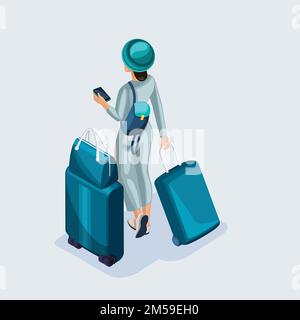 Petite fille isométrique à l'aéroport et attendant son vol, documents, valises et choses pour le voyage et le voyage. Illustration de Vecteur