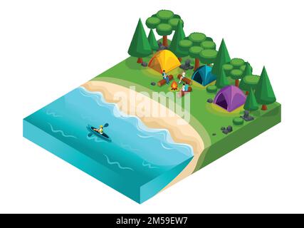 Paysage isométrique repose sur la rivière, amis en vacances, air frais, pique-nique, jour de repos, pierres, plage, tente, kayak, canoë, amis près du feu. Illustration de Vecteur