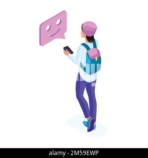 L'isométrie d'une jeune femme réécrit à travers les réseaux sociaux, en utilisant une tablette, un téléphone, construit une route de trafic. Adolescents et gadgets. Illustration de Vecteur