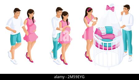 Quality Isometrics, un ensemble romantique de couples pendant la grossesse, la naissance d'un enfant, un beau lit bébé avec des parents. Illustration de Vecteur