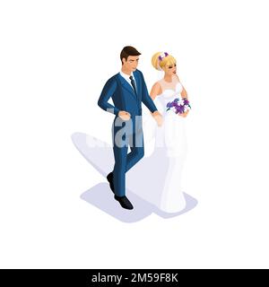Isometrics du marié et de la mariée vont se marier sur le bras, la mariée dans une belle robe avec un bouquet de fleurs, le marié dans un su Illustration de Vecteur