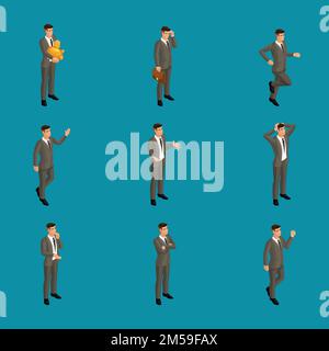 Homme isométrique avec des émotions, 3D homme d'affaires, dans différentes poses avec des émotions différentes. Utilisez le caractère approprié du personnage pour la publicité con Illustration de Vecteur
