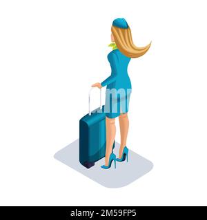 Une hôtesse isométrique avec des objets et des valises se tient à l'aéroport, attendant son vol. Vue arrière, patins uniformes. Illustration de Vecteur