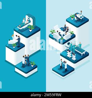 Bannières isométriques Hôpital, IRM médicale, salle d'opération avec médecins, processus de fluorographie, cabinet de chirurgien, clinique privée de diagnostic. Illustration de Vecteur