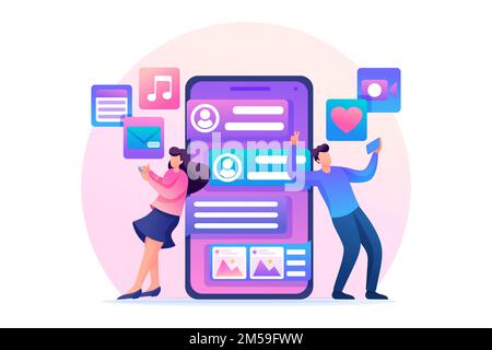 Les jeunes correspondent dans un réseau social, chat en ligne. Envoyez des photos et des vidéos entre elles. 2D caractères plats. Concept de conception Web. Illustration de Vecteur
