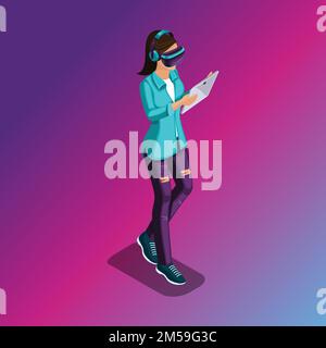 Branché Isométrique personnes et gadgets, un adolescent, une jeune fille, étudiant, utilise la technologie de haute technologie, téléphone, pad, jouer, réalité virtuelle, lunettes virtuelles co Illustration de Vecteur