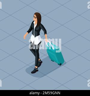 Personnes à la mode Isométrique vecteur 3D adolescent, une jeune fille dans une veste en cuir, pantalon en cuir, vêtements élégants, fille cool, voyageur, vacances, aéroport, Illustration de Vecteur