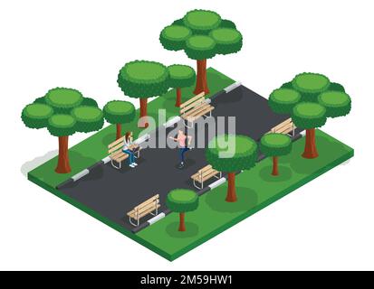 Personnes à la mode vecteur isométrique 3D adolescents, jeunes, étudiants, pigistes, course à pied, bancs de parc municipal, travaux à l'extérieur. Illustration de Vecteur