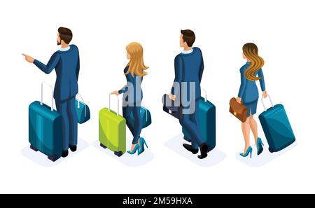 Ensemble isométrique de belles personnes d'affaires et de femme d'affaires en voyage d'affaires, avec bagages à l'aéroport, vue arrière. Voyages d'affaires, bus Illustration de Vecteur