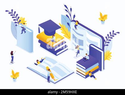 Page d'accueil du modèle de site Web concept Isométrique e-learning pour l'enseignement supérieur secondaire, l'auto-apprentissage, la formation avancée. Facile à modifier et à personnaliser. Illustration de Vecteur