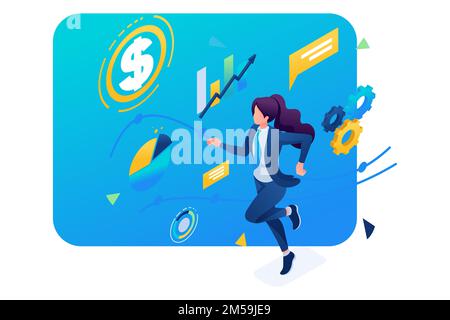 La femme d'affaires s'engage à réussir, fonctionne selon un calendrier planifié. 3D isométrique. Concept de conception Web. Illustration de Vecteur