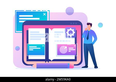 Le jeune homme étudie les matériaux des leçons sous forme électronique. 2D caractères plats. Concept de conception Web. Illustration de Vecteur