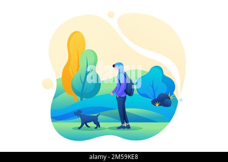 Un jeune homme marche avec un chien avec un masque sur son visage pendant une épidémie. 2D caractères plats. Concept de conception Web. Illustration de Vecteur