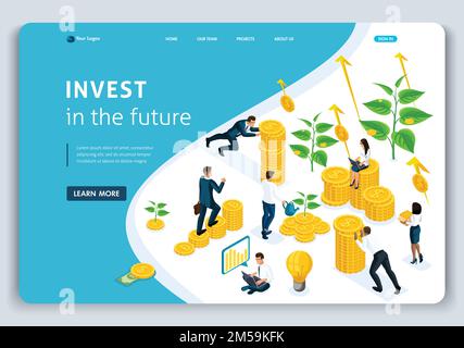 Page d'accueil du site Web investissements de concept Isométrique à l'avenir, les investisseurs portent de l'argent au groupe d'investissement, la croissance des bénéfices. Facile à modifier et à personnaliser Illustration de Vecteur