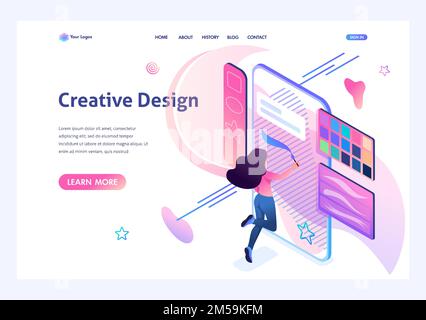Jeune fille est engagée dans la créativité, s'inspire sur l'écran du smartphone à l'aide d'une application logicielle. Concept de créativité. 3d isométrique. Page d'arrivée conce Illustration de Vecteur