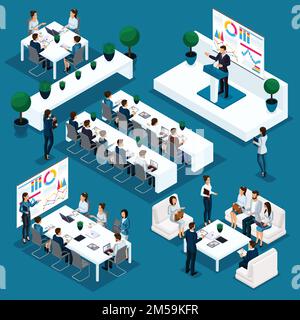 Personnes isométriques personne, 3D hommes d'affaires, discours de leader sur demande, indicateurs et calendriers processus éducatif, coaching, conférence d'affaires, jeune Illustration de Vecteur