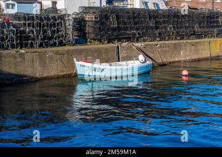 Pots de homard sur le quai du village côtier de Johnshaven, sur la côte de la mer du Nord de l'Aberdeenshire, en Écosse, au Royaume-Uni Banque D'Images